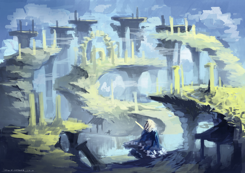 1girl architecture artist_name blue_cape blue_sky cape cliff dated excalibur fate/stay_night fate_(series) faux_traditional_media from_behind fur-trimmed_cape highres moryapanima outdoors pillar ruins saber scenery signature sky solo