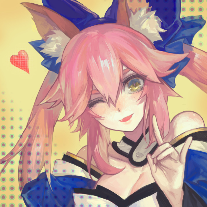 ;d animal_ears bare_shoulders breasts cleavage detached_collar erjiu fang fate/extra fate_(series) fox_ears hair_ribbon hand_gesture heart highres long_hair one_eye_closed open_mouth pink_hair ribbon slit_pupils smile tamamo_(fate)_(all) tamamo_no_mae_(fate) twintails yellow_eyes