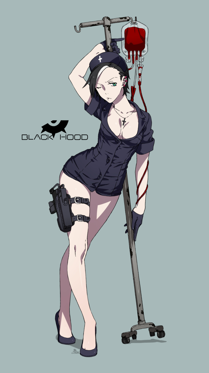 1girl aqua_eyes artist_name bare_legs black_gloves black_hair black_hood blood blood_bag blue_background breasts breasts_apart buttons cleavage cross cross_necklace earrings full_body gloves hair_over_one_eye hat high_heels highres holster intravenous_drip jewelry kamezaemon looking_at_viewer multicolored_hair necklace nurse nurse_cap open_clothes original pale_skin parted_lips ponytail short_hair short_sleeves simple_background solo standing thigh_holster two-tone_hair white_hair