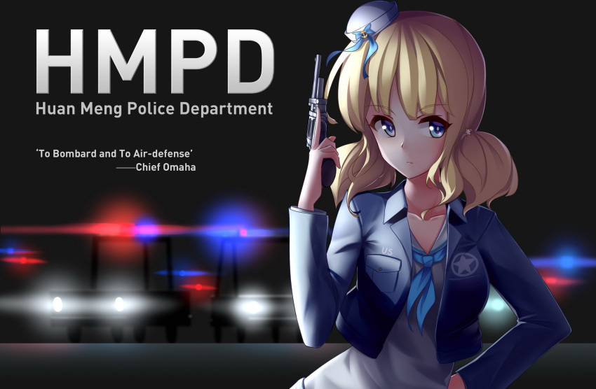 1girl arnold-s backlighting blonde_hair blue_bow blue_eyes blue_jacket blue_ribbon bow character_name closed_mouth cropped_jacket english gun hand_on_hip handgun hat highres holding holding_weapon jacket long_sleeves looking_to_the_side mini_hat omaha_(zhan_jian_shao_nyu) revolver ribbon sailor_collar sailor_shirt shirt short_twintails solo text twintails upper_body weapon white_hat white_shirt zhan_jian_shao_nyu