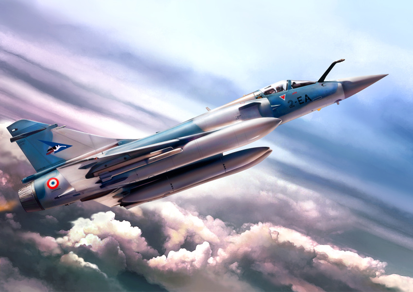 absurdres aircraft airplane ascending clouds fighter_jet flying fuel_tank highres jet military military_vehicle mirage2000 pilot sky yangmo