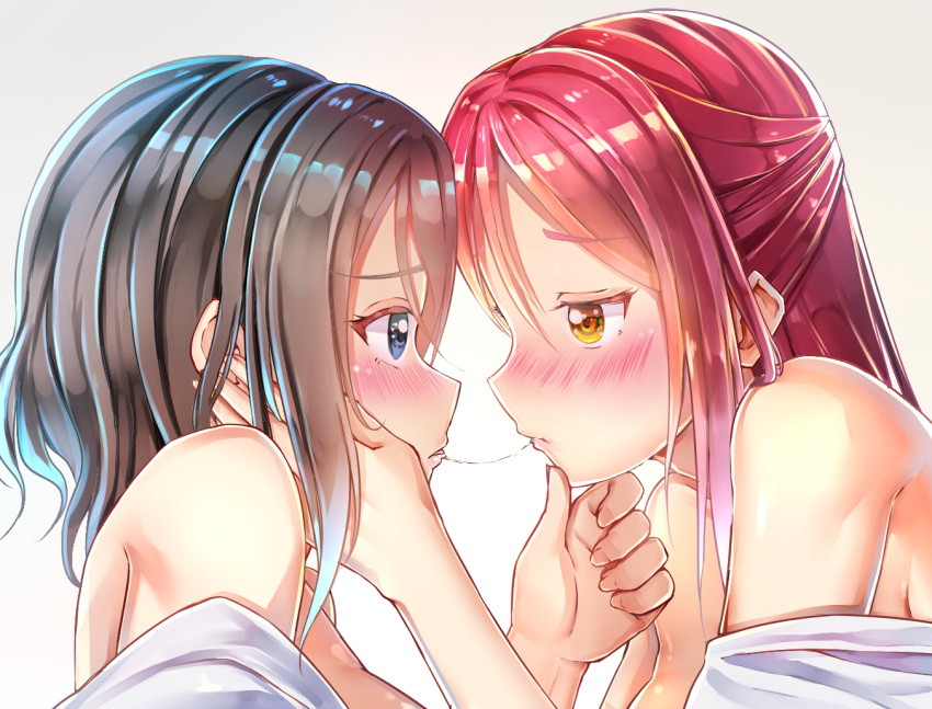 2girls bangs bare_shoulders black_hair blue_eyes blush breasts brown_hair chin_grab closed_mouth eye_contact eyelashes from_side gradient gradient_background grey_background hachinatsu hair_between_eyes half_updo hand_on_another's_cheek hand_on_another's_chin hand_on_another's_face looking_at_another love_live! love_live!_sunshine!! medium_breasts multiple_girls off_shoulder portrait pout profile redhead sakurauchi_riko saliva saliva_trail short_hair tongue tongue_out watanabe_you yellow_eyes yuri
