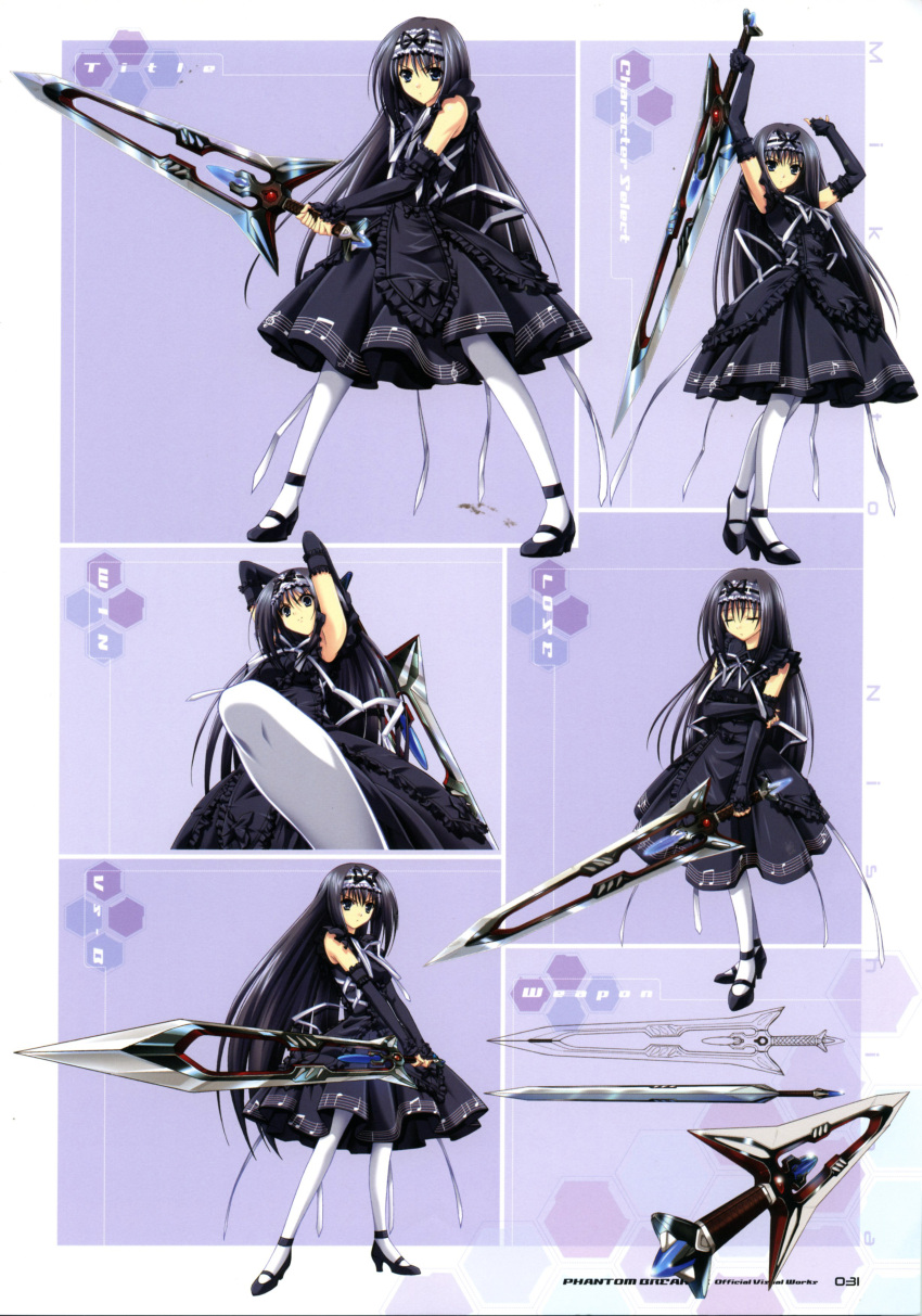 1girl absurdres black_hair blue_eyes closed_eyes detached_sleeves dress elbow_gloves fighting_stance full_body gloves headdress highres holding holding_weapon lolita_fashion long_hair looking_at_viewer nishina_mikoto phantom_breaker shoes simple_background solo standing suzuhira_hiro sword thigh-highs weapon white_legwear