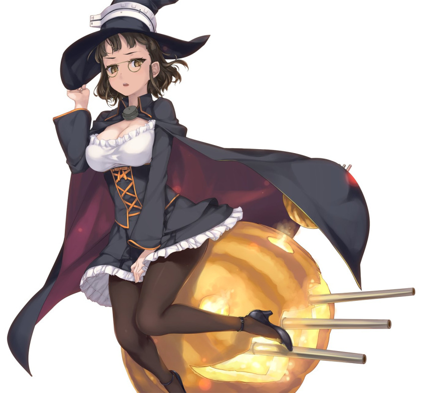1girl adjusting_hair black_legwear breasts brown_eyes brown_hair cape cleavage frilled_skirt frills glasses hat high_heels highres jack-o'-lantern kantai_collection looking_at_viewer medium_breasts open_mouth pantyhose pince-nez rokuwata_tomoe roma_(kantai_collection) short_hair simple_background sitting skirt solo white_background witch witch_hat