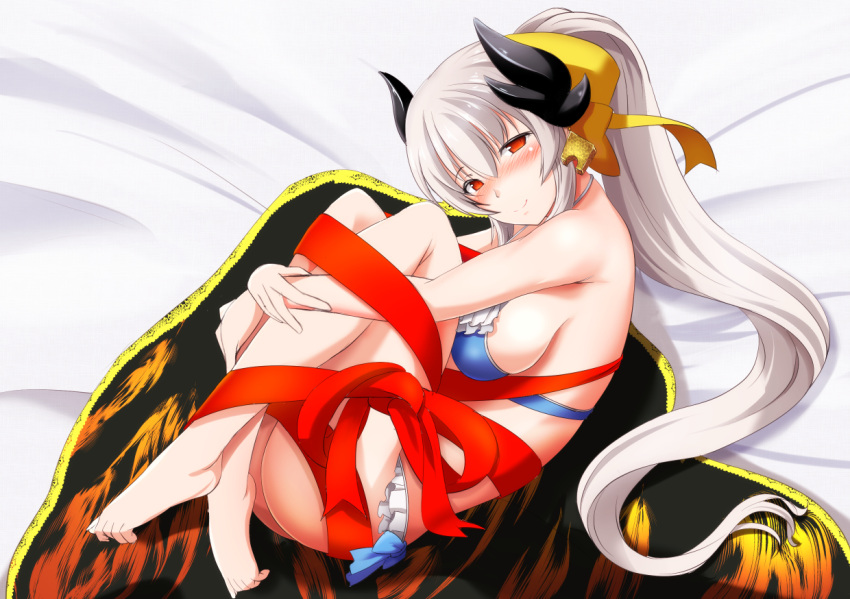 barefoot bikini blush bol_(liliymimi) breasts fate/grand_order fate_(series) feet horns kiyohime_(fate/grand_order) leg_hug long_hair looking_at_viewer ponytail raised_eyebrow red_eyes ribbon sideboob silver_hair smile swimsuit thighs very_long_hair