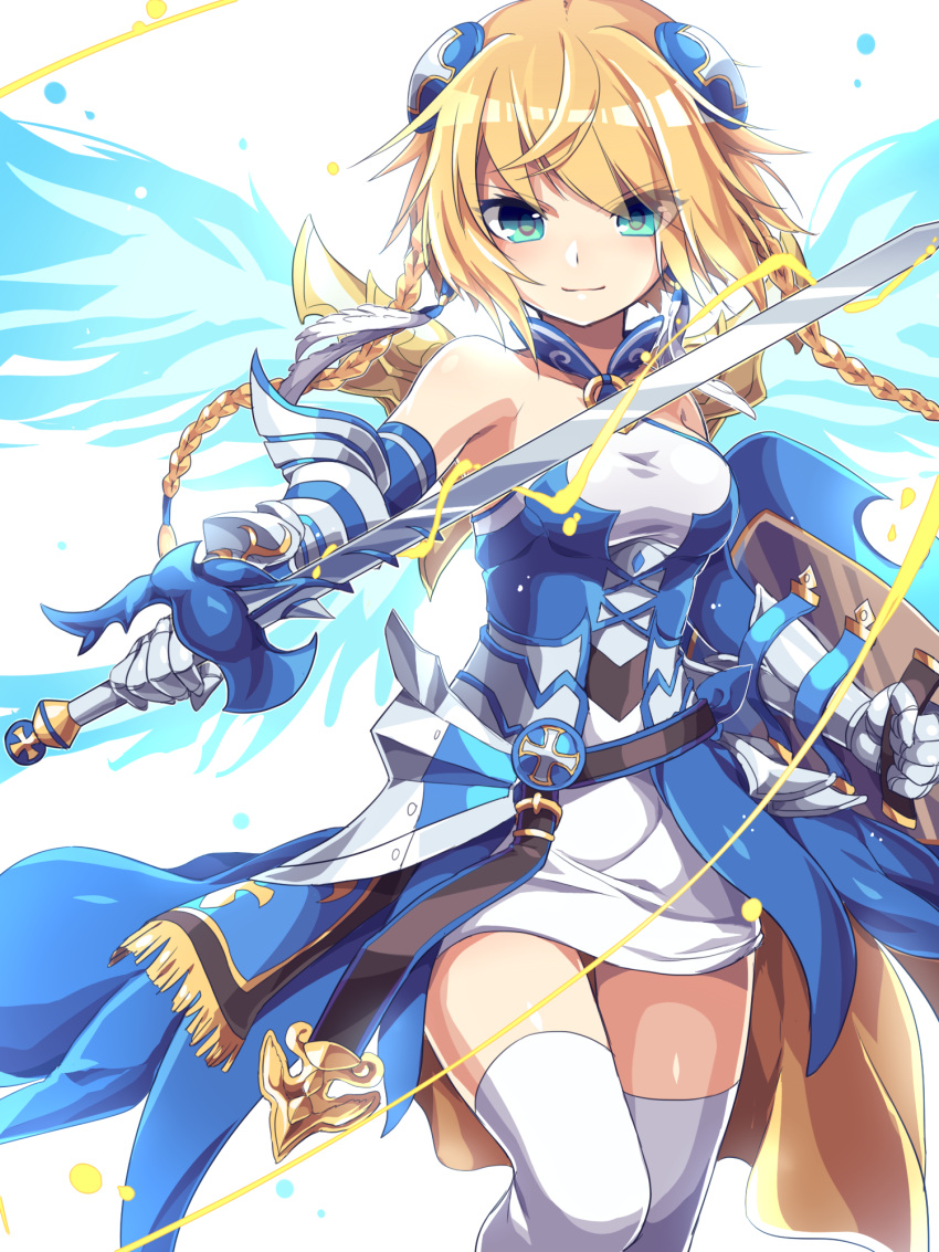 1girl aqua_eyes bare_shoulders blonde_hair braid elbow_gloves gloves hair_ornament highres kozakura_(dictionary) puzzle_&amp;_dragons shield sword thigh-highs twin_braids valkyrie_(p&amp;d) water_valkyrie_(p&amp;d) weapon wings