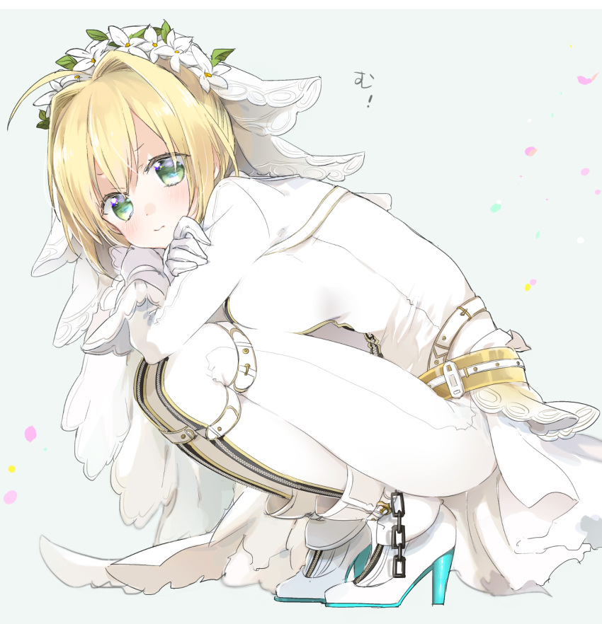 1girl ahoge ankle_boots bangs belt blonde_hair bodysuit boots breasts bridal_veil chain closed_mouth dress fate/extra fate/extra_ccc fate/grand_order fate_(series) flower gloves green_eyes hair_flower hair_ornament head_wreath high_heel_boots high_heels highres kneeling large_breasts leg_hug long_sleeves looking_at_viewer saber_bride saber_extra simple_background sino_(sionori) skin_tight solo squatting thigh-highs thigh_strap translation_request veil white_boots white_dress white_gloves white_legwear zipper