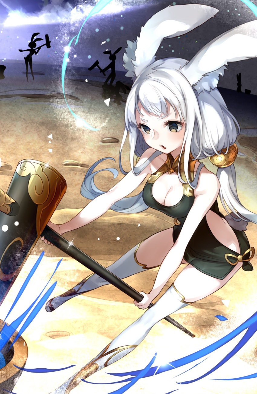 &gt;:o 1girl :o animal_ears bangs bare_arms bare_shoulders between_legs boots breasts brown_eyes bunny_girl cleavage cleavage_cutout floating glint hair_ornament highres holding kine legs_apart long_hair low_twintails mallet moon official_art original rabbit rabbit_ears side_slit silhouette solo_focus thigh-highs thigh_boots twintails white_boots yuu_(higashi_no_penguin)