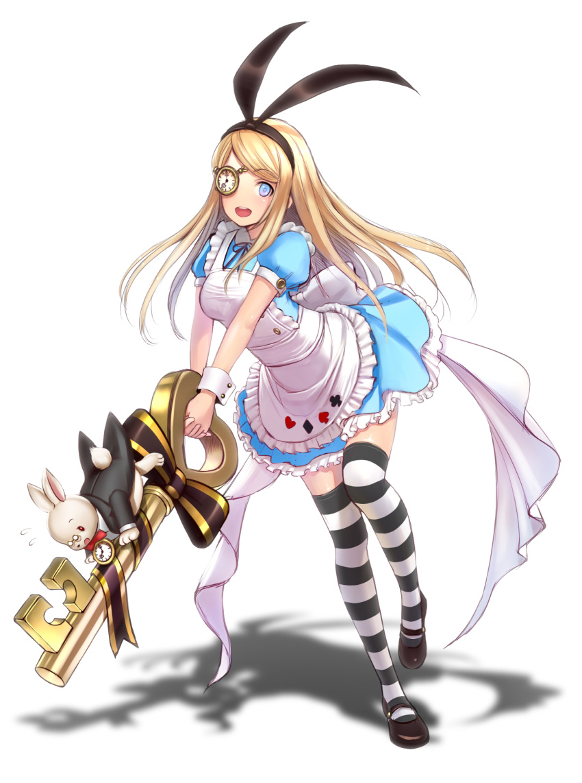 1girl :d alice_(wonderland) alice_in_wonderland apron bangs black_jacket black_ribbon black_shoes blonde_hair blue_dress blue_eyes blush bow breasts clubs diamond_(shape) dress eyebrows eyebrows_visible_through_hair flying_sweatdrops frilled_apron frills full_body glasses hairband heart highres holding interlocked_fingers jacket key long_hair looking_at_viewer medium_breasts one_eye_covered open_mouth original oversized_object pince-nez pocket_watch puffy_short_sleeves puffy_sleeves rabbit red_bow red_eyes ribbon shadow shimashima08123 shoes short_sleeves smile spade standing standing_on_one_leg striped striped_bow striped_legwear swept_bangs tailcoat thigh-highs v_arms watch white_apron white_background white_bow white_rabbit wrist_cuffs