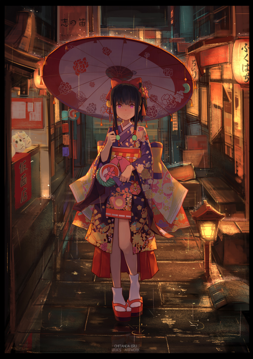 1girl artist_name bangs bow character_name chitanda_eru commentary_request festival floral_print full_body hair_bow hair_ribbon highres holding holding_umbrella hyouka japanese_clothes kimono lantern looking_at_viewer mask night outdoors paper_lantern rain red_bow red_ribbon ribbon sandals socks solo translation_request umbrella violet_eyes white_legwear wide_sleeves yong_mei-uta