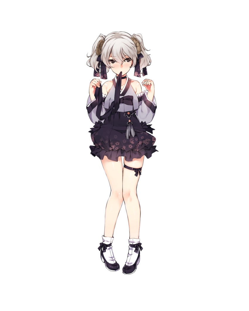 1girl bare_shoulders black_ribbon collarbone eyebrows eyebrows_visible_through_hair floral_print frilled_skirt frills full_body grey_hair hands_up highres horns knees_together_feet_apart korean_clothes mole mole_under_eye mouth_hold mr.h original ribbon sheep_girl sheep_horns shoe_ribbon shoes short_hair silver_hair simple_background skirt solo tassel thigh_gap thigh_ribbon traditional_clothes two_side_up white_background