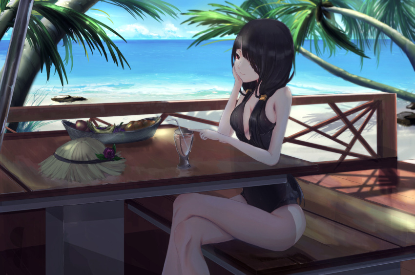 1girl arm_support beach black_hair black_swimsuit breasts casual_one-piece_swimsuit cleavage crossed_legs date_a_live hair_over_one_eye kikivi long_hair medium_breasts one-piece_swimsuit outdoors palm_tree red_eyes sitting smile solo swimsuit tokisaki_kurumi tree