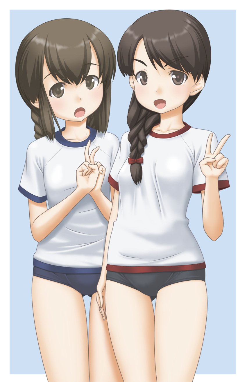 &gt;:d 2girls :d :o alternate_costume bow braid brown_eyes brown_hair hair_bow hands_on_own_chest highres isonami_(kantai_collection) kantai_collection long_hair looking_at_viewer multiple_girls open_mouth pants shirt shorts single_braid smile t-shirt t2r track_pants uranami_(kantai_collection) v