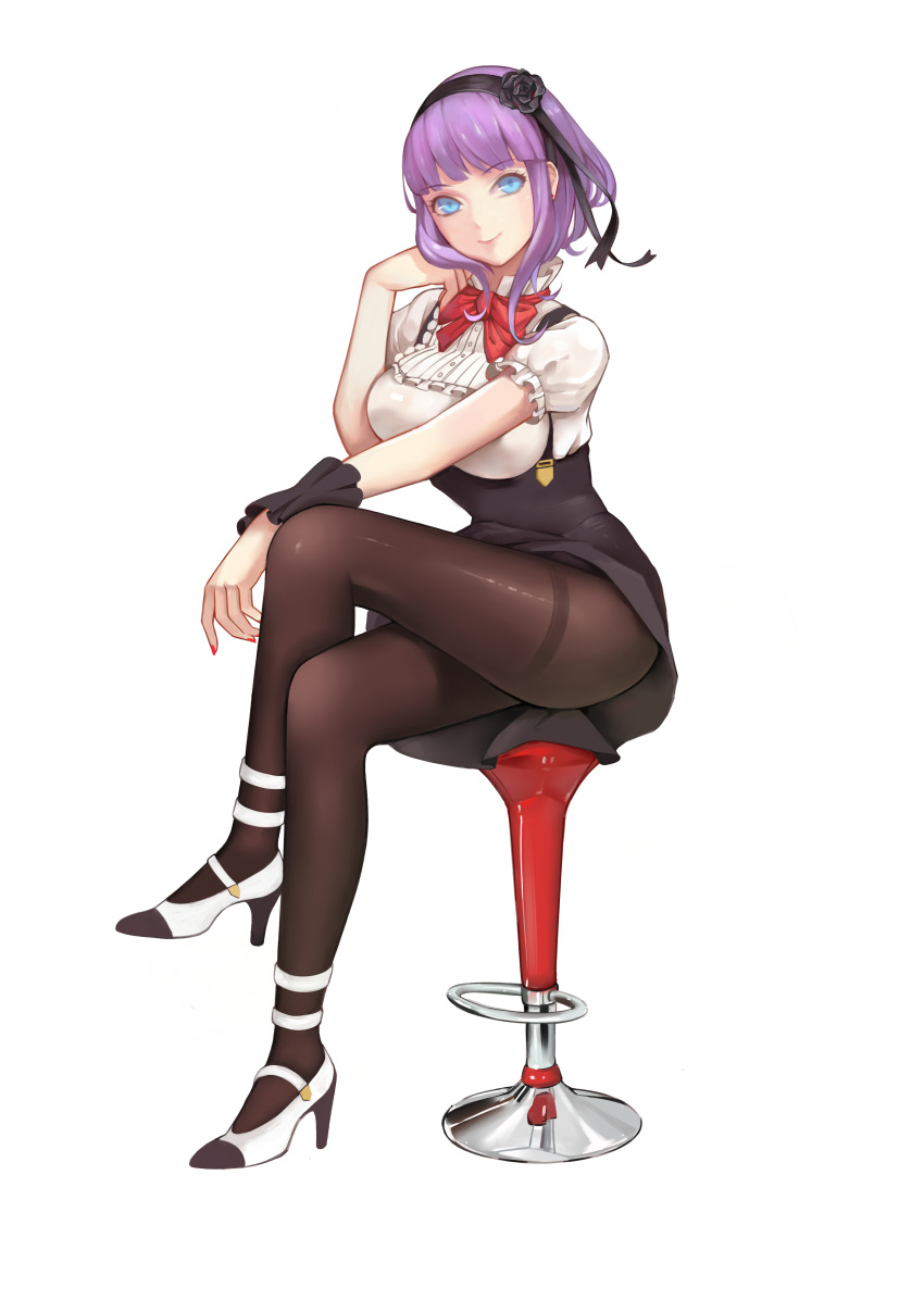 1girl absurdres bangs black_flower black_legwear black_rose black_skirt blue_eyes bow bowtie breasts closed_mouth crossed_legs dagashi_kashi earrings eyebrows eyebrows_visible_through_hair flower frilled_sleeves frills full_body hair_flower hair_ornament hairband head_rest head_tilt high_heels highres jewelry large_breasts legs looking_at_viewer nail_polish pantyhose pink_lips purple_hair red_bow red_bowtie red_nails ribbon rose shidare_hotaru shirt shoes short_hair sidelocks simple_background sitting skirt smile solo stool stud_earrings suspender_skirt suspenders thighband_pantyhose thighs white_shirt white_shoes wrist_cuffs zhano_kun