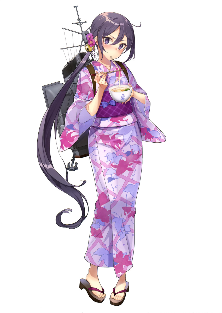 absurdres akebono_(kantai_collection) feet food highres kantai_collection long_hair nyantype ponytail purple_hair simple_background very_long_hair violet_eyes white_background