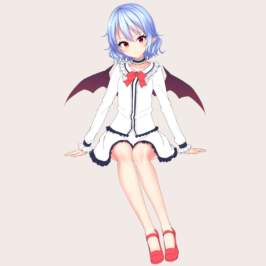 1girl absurdres arm_garter bat_wings blue_hair bow bowtie choker frilled_choker frilled_shirt_collar frilled_skirt frilled_sleeves frills hair_between_eyes highres junior27016 lavender_background long_sleeves looking_at_viewer mary_janes pointy_ears red_bow red_bowtie red_eyes red_shoes remilia_scarlet shirt shoes short_hair simple_background sitting skirt smile solo touhou white_shirt white_skirt wings