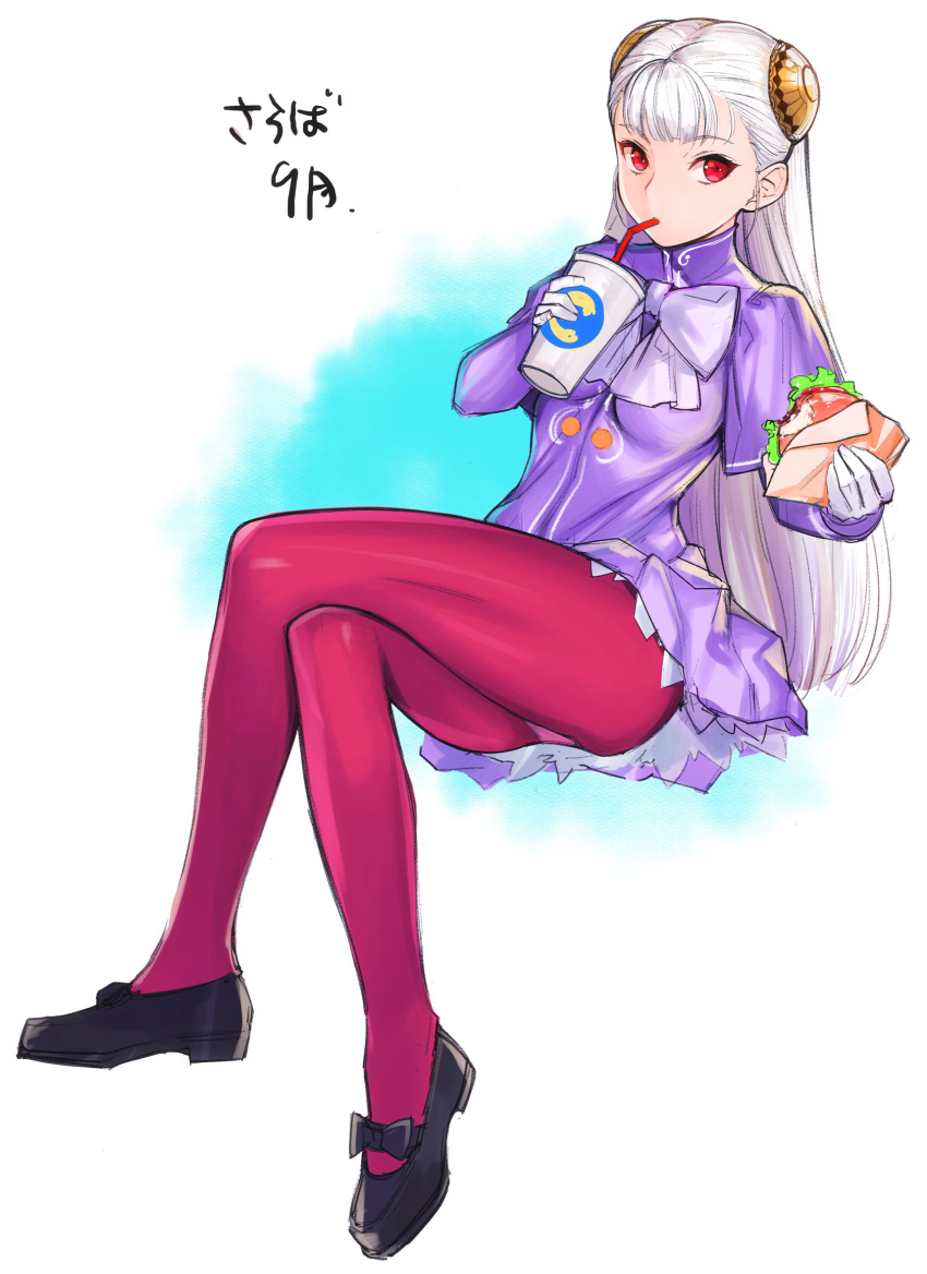 1girl bangs black_bow black_shoes blonde_hair blunt_bangs bow bowtie breasts capcom_fighting_jam colored_eyelashes crossed_legs cup drinking drinking_straw food full_body gloves hairpods hamburger highres holding holding_cup ingrid jacket lavender_bow lavender_bowtie long_hair long_sleeves looking_at_viewer medium_breasts panties panties_under_pantyhose pantyhose pink_legwear pink_panties purple_jacket red_eyes salad shoes sitting tetsu_(kimuchi) translation_request two-tone_background underwear very_long_hair white_gloves wrapper