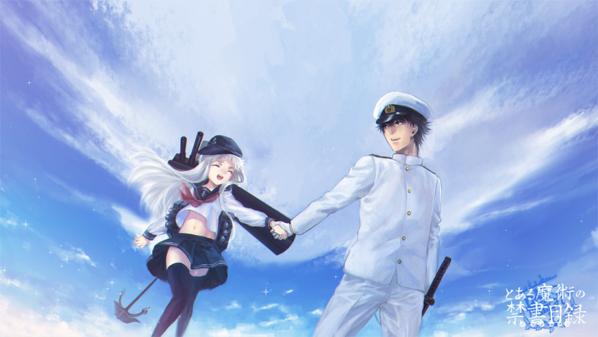 1boy 1girl admiral_(kantai_collection) admiral_(kantai_collection)_(cosplay) anchor anchor_symbol black_hair black_legwear buttons cosplay dress gloves gun hat hibiki_(kantai_collection) hibiki_(kantai_collection)_(cosplay) holding_hands index jacket kamijou_touma kantai_collection long_hair long_sleeves looking_at_another military military_hat military_uniform miniskirt navel open_mouth outdoors pants pleated_skirt sailor_collar sailor_dress sailor_hat short_hair skirt sky standing sword_hilt thigh-highs to_aru_majutsu_no_index uniform weapon white_gloves white_hair white_jacket white_pants yucca_(sui_linx) zettai_ryouiki