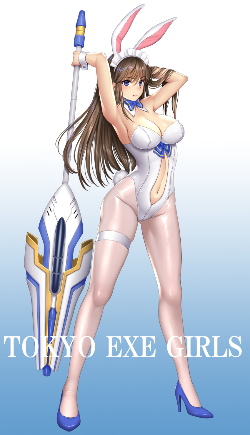1girl animal_ears arm_up armpits ass_visible_through_thighs bangs bare_shoulders blue_background blue_bow blue_bowtie blue_shoes blush bow bowtie breasts brown_hair bunny_girl bunny_tail bunnysuit cleavage copyright_name detached_collar eyebrows eyebrows_visible_through_hair fake_animal_ears full_body gradient gradient_background hair_between_eyes hair_ornament hand_in_hair high_heels highres holding holding_weapon large_breasts legs_apart leotard long_hair looking_at_viewer maid_headdress navel navel_cutout official_art pantyhose parted_lips pink_lips polearm rabbit_ears shimashima08123 shiny shiny_clothes shiny_skin shoes solo standing strapless strapless_leotard tail thigh-highs thigh_strap tokyo_exe_girls two-tone_background weapon white_background white_legwear white_leotard wrist_cuffs
