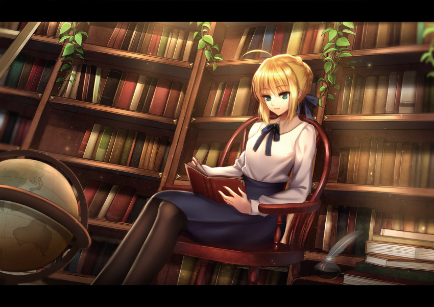 1girl ahoge blonde_hair blouse book fate/stay_night fate_(series) globe green_eyes highres meaomao reading saber sitting skirt solo