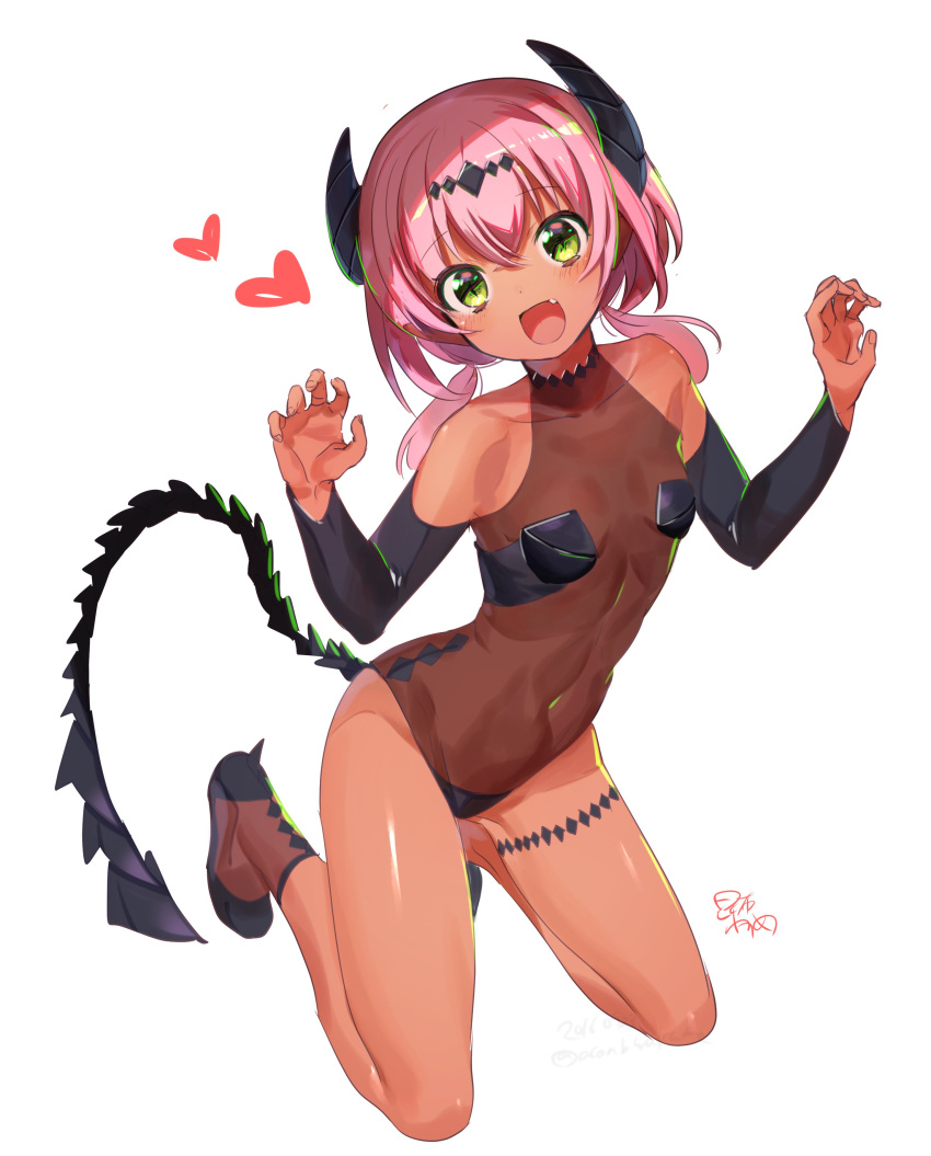 1girl a_k_o absurdres ankle_boots arm_warmers bangs bare_shoulders black_shoes blush boots breasts breasts_apart collarbone covered_navel dark_skin detached_sleeves eyebrows eyebrows_visible_through_hair fang forehead_jewel green_eyes groin hands_up heart highleg highleg_leotard highres horns kneeling leotard looking_at_viewer low_twintails open_mouth original pink_hair see-through shoes short_hair signature simple_background small_breasts smile solo tail taut_clothes taut_leotard twintails white_background