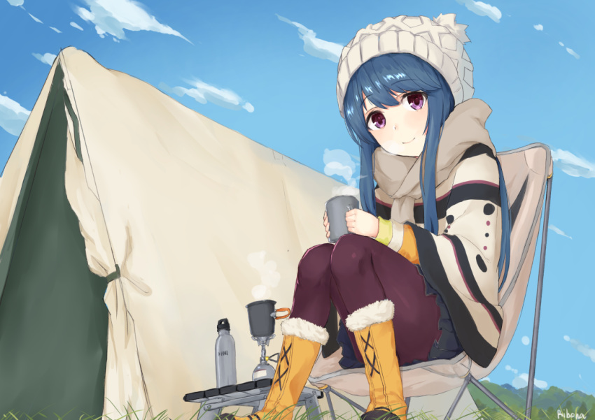1girl blue_hair blue_skirt blush brown_footwear brown_scarf chair closed_mouth clouds cup day eyebrows_visible_through_hair fur_trim grass head_tilt holding long_hair long_sleeves looking_at_viewer mug outdoors pantyhose pleated_skirt purple_legwear ribona shawl shima_rin signature sitting skirt sky smile solo steam tent thermos very_long_hair violet_eyes yurucamp