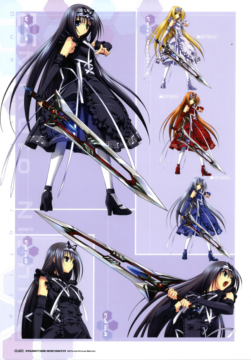 1girl absurdres black_hair blue_eyes detached_sleeves dress elbow_gloves full_body gloves headdress highres holding holding_weapon lolita_fashion long_hair looking_at_viewer nishina_mikoto phantom_breaker shoes simple_background solo standing suzuhira_hiro sword thigh-highs weapon white_legwear