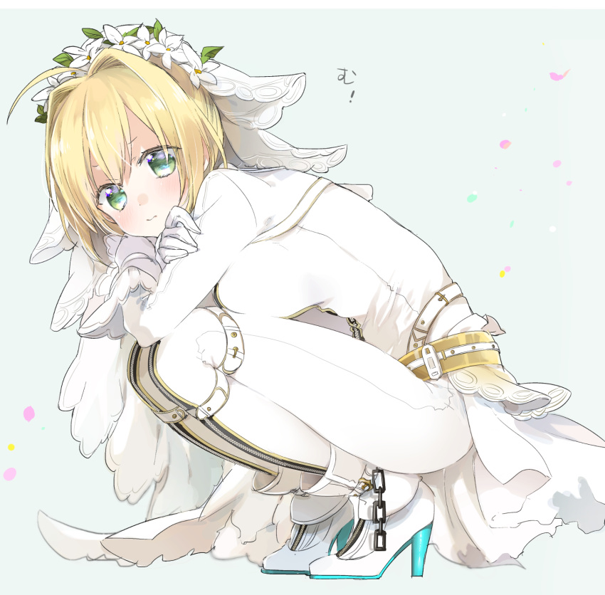 1girl ahoge ankle_boots bangs belt blonde_hair blush bodysuit boots breasts bridal_veil chain closed_mouth crossed_arms dress eyelashes fate/extra fate/extra_ccc fate/grand_order fate_(series) flower from_side full_body gloves green_eyes hair_flower hair_ornament head_wreath high_heel_boots high_heels highres kneeling large_breasts leaning_forward leg_hug long_sleeves looking_at_viewer petals pout revision saber_bride saber_extra simple_background sino_(sionori) skin_tight solo squatting thigh-highs thigh_strap translation_request veil waist_cape white_boots white_dress white_flower white_gloves white_legwear zipper