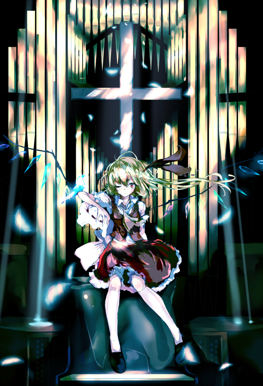 1girl black_ribbon black_shoes blonde_hair bloomers closed_mouth commentary_request cross crystal feathers flandre_scarlet full_body hair_ribbon hat hat_removed hat_ribbon headwear_removed highres instrument kneehighs light_rays looking_at_viewer no_hat no_headwear one_eye_closed pipe_organ puffy_short_sleeves puffy_sleeves red_eyes red_shirt red_skirt ribbon sakushou shirt shoes short_sleeves side_ponytail sitting skirt skirt_set solo sunbeam sunlight touhou underwear white_legwear wings