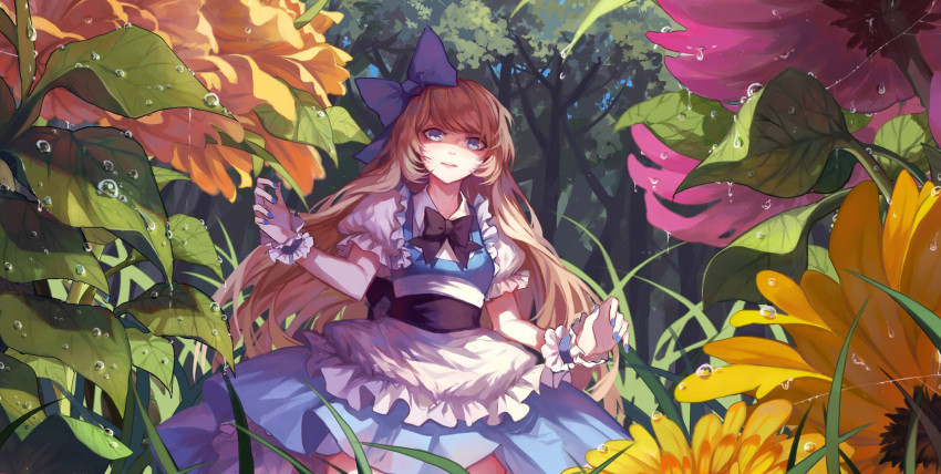 1girl alice_(wonderland) alice_in_wonderland apron blonde_hair blue_bow blue_eyes blue_nails bow day dress flower hair_bow highres kanekiru layered_dress leaf long_hair looking_at_viewer nail_polish outdoors oversized_object puffy_short_sleeves puffy_sleeves purple_flower shaded_face short_sleeves solo water_drop yellow_flower
