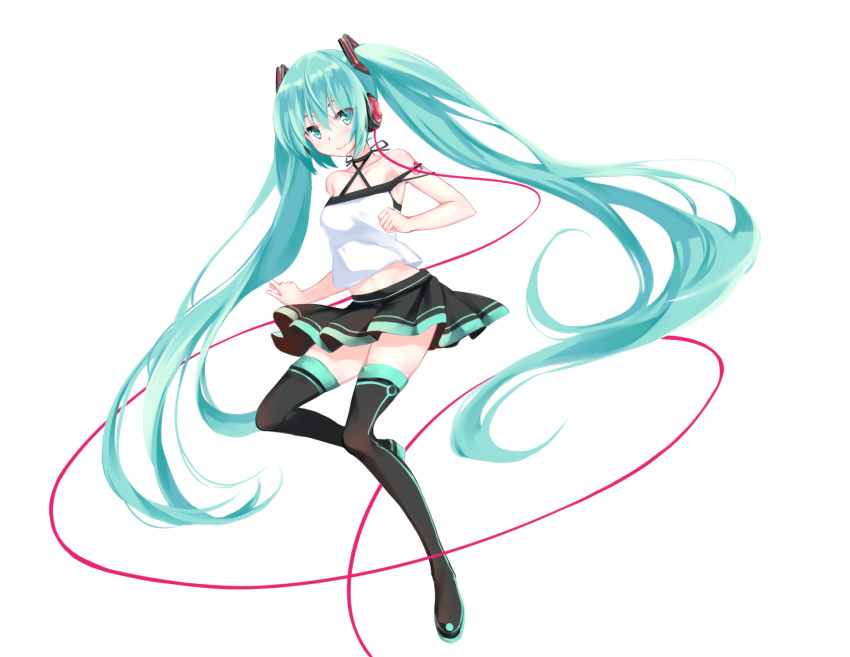 1girl blue_eyes blue_hair boots full_body hatsune_miku headphones highres long_hair looking_at_viewer skirt smile solo thigh-highs thigh_boots ttnap twintails vocaloid white_background