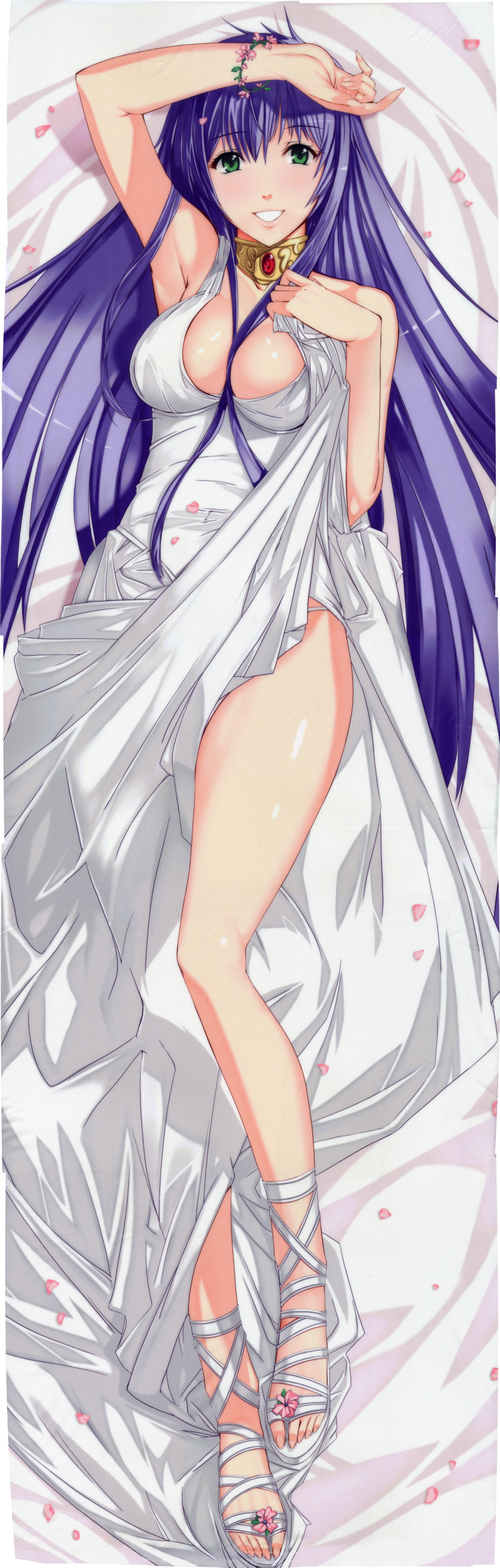 1girl absurdres bed_sheet breasts cherry_blossoms cleavage dakimakura dress dress_lift eyebrows eyebrows_visible_through_hair from_above green_eyes grin highres huge_filesize ky large_breasts long_hair looking_at_viewer lying on_back panties panty_peek purple_hair saint_seiya:_the_lost_canvas sasha_(saint_seiya:_the_lost_canvas) smile solo underwear white_dress white_panties