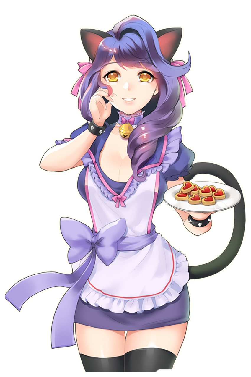 1girl animal_ears apron bell bell_collar bracelet cat_ears cat_tail collar cookie dakun eugene_(soccer_spirits) food hand_on_own_cheek highres jewelry long_hair looking_at_viewer parted_lips plate purple_hair smile soccer_spirits solo spiked_bracelet spikes standing tail yellow_eyes