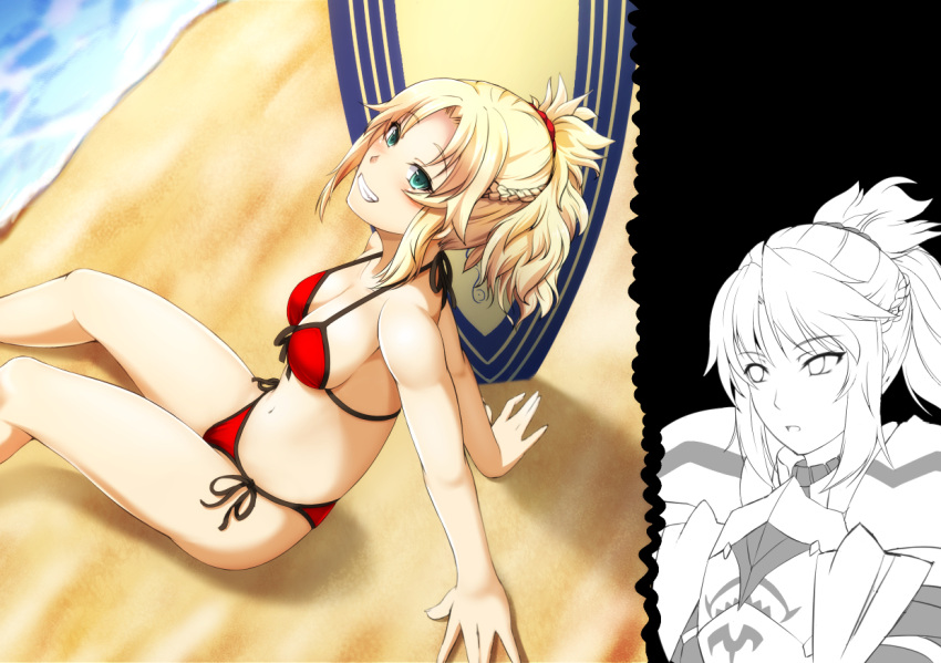 1girl beach bikini blonde_hair bol_(liliymimi) breasts cleavage fate/grand_order fate_(series) green_eyes grin long_hair looking_at_viewer navel ponytail saber_of_red sand side-tie_bikini smile solo surfboard swimsuit thighs