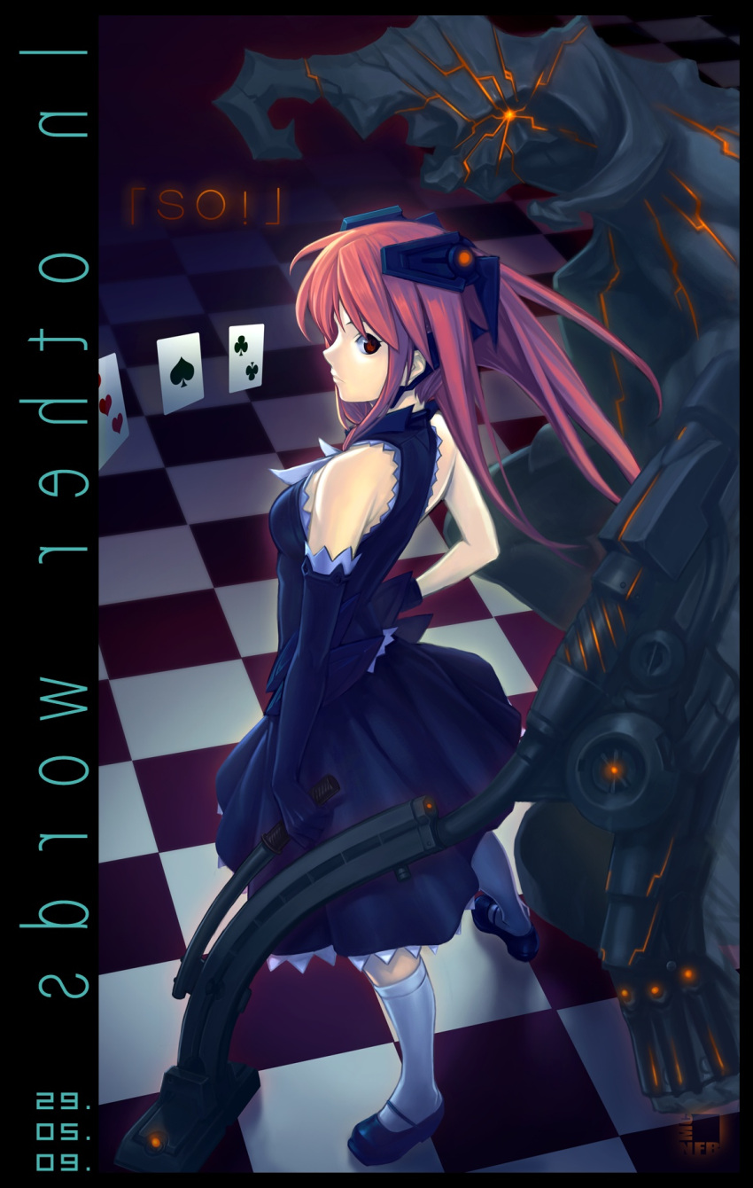 cards dress elbow_gloves floating_card gloves highres looking_back nfb-zmc original profile red_eyes red_hair redhead socks steam_cleaner