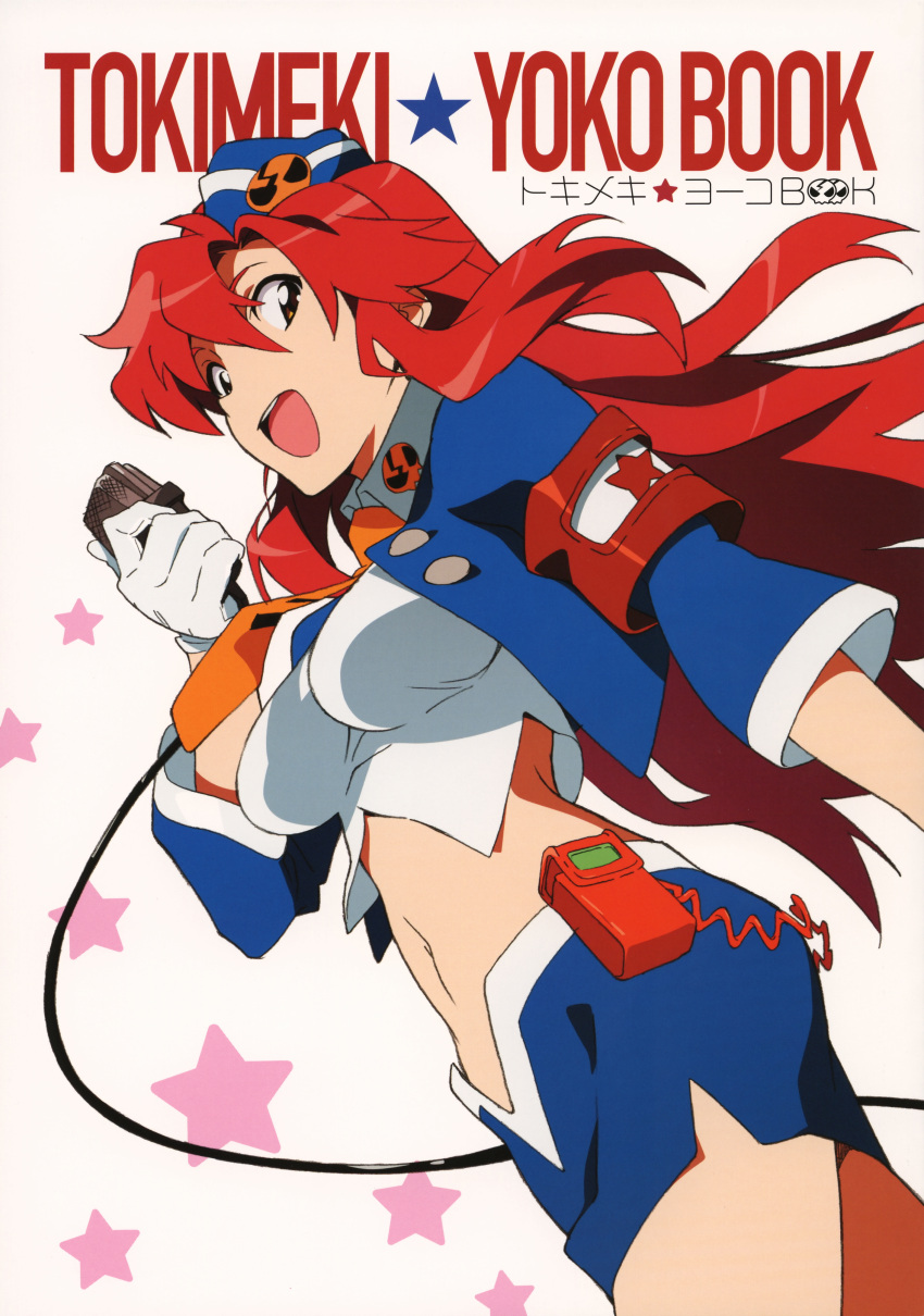 airline_attendant armband badge cap garrison_cap gloves hat highres huge_filesize long_hair microphone midriff miniskirt navel necktie nishigori_atsushi official_art ova pieces_of_sweet_stars red_hair redhead singing skirt skull smile star stewardess tengen_toppa_gurren_lagann very_long_hair white_gloves yellow_eyes yoko_littner yoko_ritona