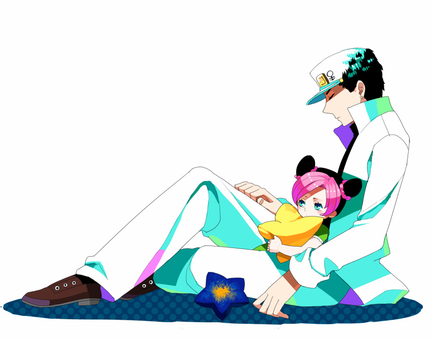 1boy 1girl black_hair blue_eyes closed_eyes double_bun earrings father_and_daughter gum_(gmng) hat highres jewelry jojo_no_kimyou_na_bouken kujo_jolyne kujo_jotaro kuujou_jolyne kuujou_joutarou long_coat multicolored_hair pants pink_hair plush shoes sitting star stuffed_toy young