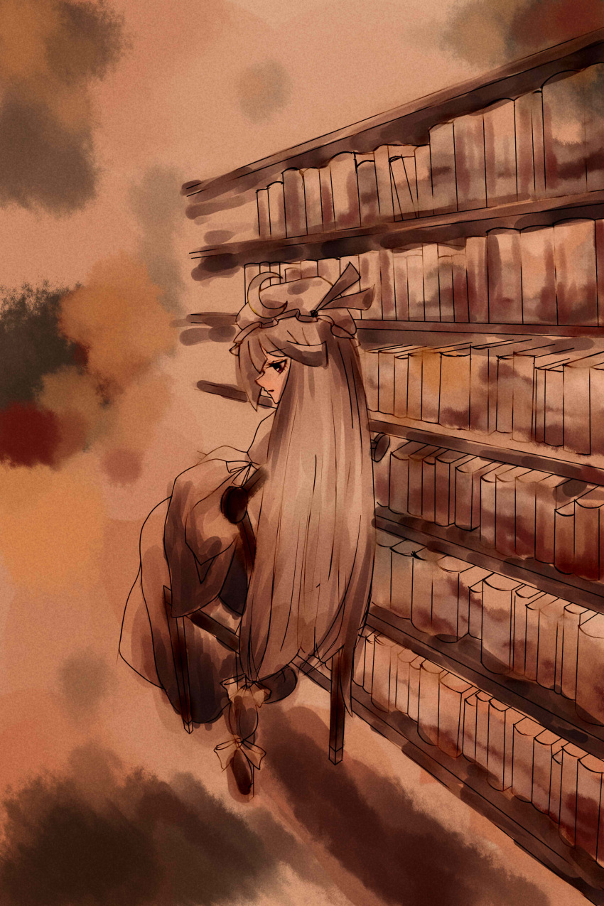 1girl bad_id book bookshelf chair crescent from_behind hat highres library monochrome nekobu orange_(color) patchouli_knowledge profile sitting solo touhou voile