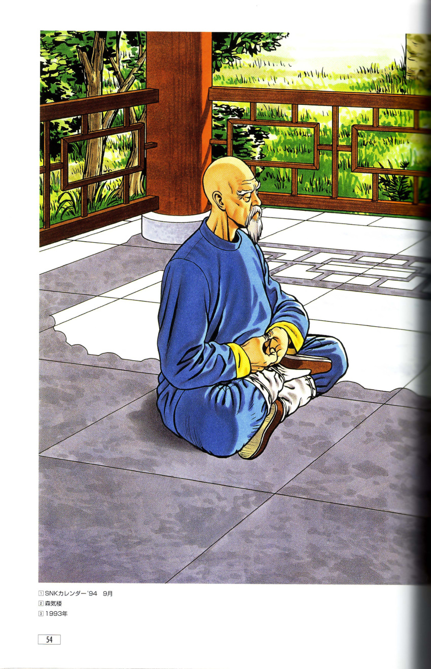 artbook chinese_clothes crossed_legs fatal_fury garden highres indian_style king_of_fighters meditation official_art old old_man scan sitting snk tung_fue_rue
