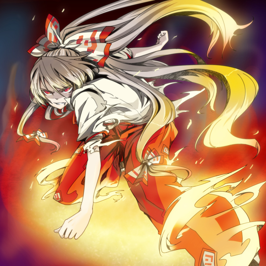 bow clenched_teeth d-tline fire frown fujiwara_no_mokou hair_bow hands highres ko-&gt;u long_hair pants red_eyes ribbon silver_hair slit_pupils solo touhou very_long_hair