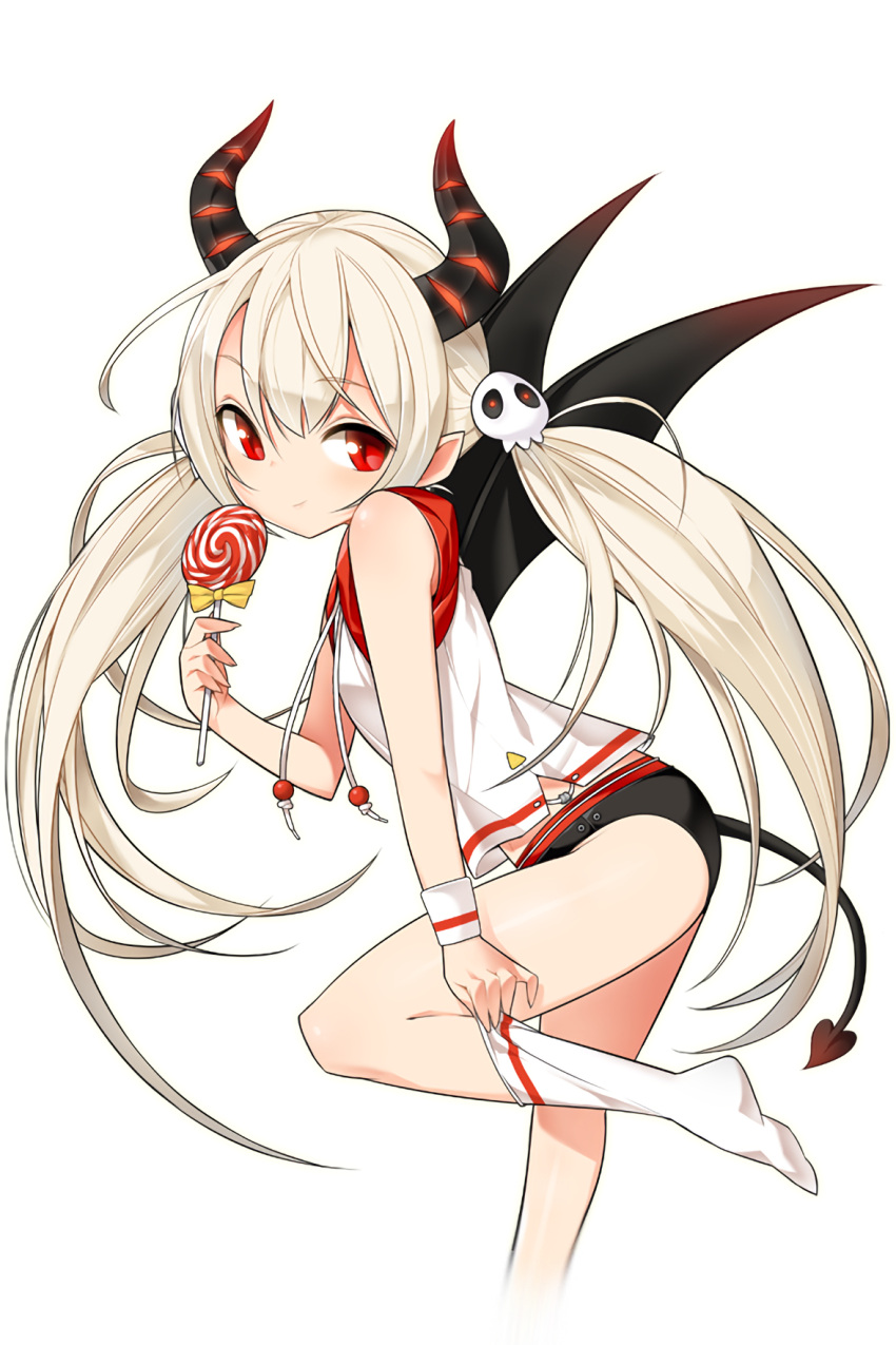 1girl adjusting_clothes adjusting_legwear blonde_hair candy cho_(ss) demon_horns demon_tail hair_ornament highres horns lollipop long_hair looking_at_viewer official_art pointy_ears red_eyes renee_(soccer_spirits) skull_hair_ornament soccer_spirits socks solo standing standing_on_one_leg tail transparent_background twintails white_legwear wings