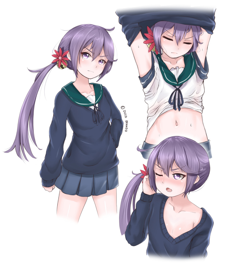 1girl akebono_(kantai_collection) arm_at_side arms_up artist_name bell bow cardigan closed_eyes collarbone contrapposto disco_brando flower hair_bell hair_between_eyes hair_bow hair_flower hair_ornament hand_on_hip highres jingle_bell kantai_collection long_hair miniskirt naked_cardigan navel one_eye_closed pleated_skirt purple_hair purple_sweater sailor_collar school_uniform serafuku serious side_ponytail skirt sweater tsurime undressing upper_body very_long_hair violet_eyes