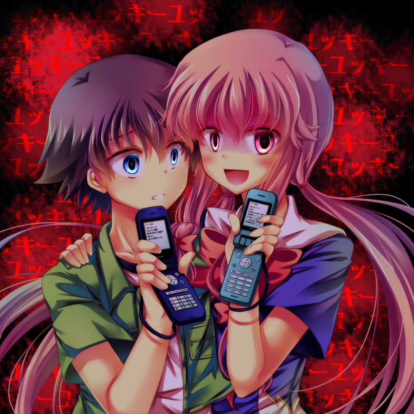 1boy 1girl :d amano_yukiteru black_hair blue_eyes blush cellphone closed_mouth commentary_request couple floral_background gasai_yuno highres long_hair looking_at_viewer low_twintails mirai_nikki nobuda open_clothes open_mouth open_shirt phone pink_eyes pink_hair shirt short_hair short_sleeves smile translated twintails upper_body yandere