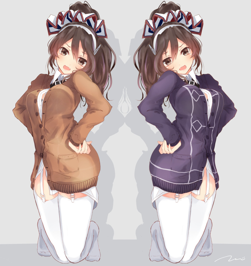 1girl alternate_costume ashigara_(kantai_collection) breasts brown_eyes brown_hair cardigan commentary_request garter_straps hair_between_eyes hairband headwear highres kantai_collection long_sleeves looking_at_viewer medium_breasts open_mouth school_uniform simple_background solo tebi_(tbd11) white_legwear
