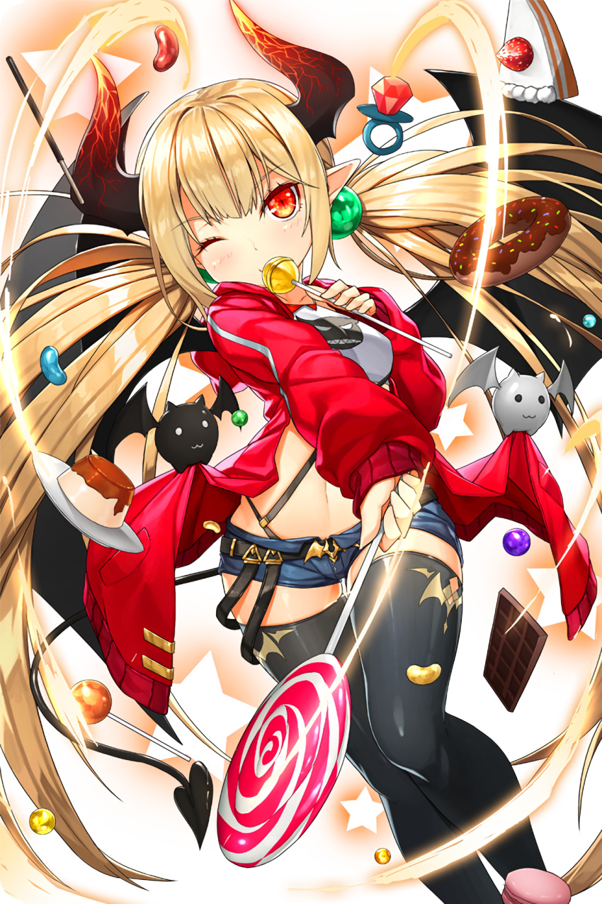 1girl artist_request bat black_legwear blonde_hair candy chocolate_bar demon_horns demon_tail doughnut food fruit hair_bobbles hair_ornament highres horns jacket jawbreakers jelly_bean lollipop long_hair looking_at_viewer navel official_art one_eye_closed pocky pointy_ears pudding red_eyes renee_(soccer_spirits) ring_pop shorts slashing slice_of_pie smile soccer_spirits standing star strawberry tail thigh-highs twintails