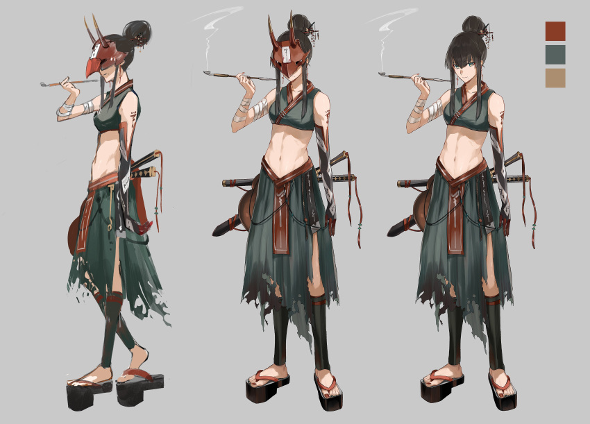 1girl absurdres bandaged_arm bandages black_hair breasts cigarette cigarette_holder clogs dual_wielding earrings food green_eyes hair_bobbles hair_ornament highres holding horns hoshi_rasuku japanese_clothes jewelry katana long_hair mask nail_polish oni_horns onigiri original standing stomach sword tattoo vest weapon