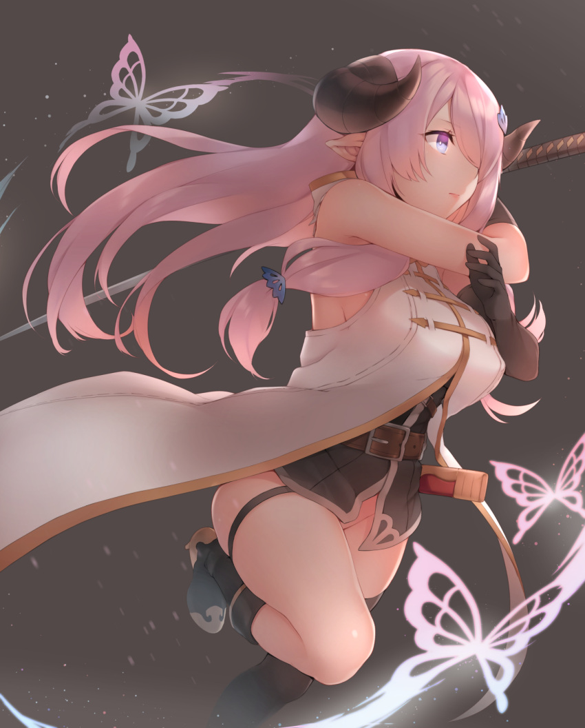 1girl belt blue_eyes boots butterfly gloves granblue_fantasy hair_over_one_eye highres hsuliherng long_hair narumeia_(granblue_fantasy) pink_hair solo thighs