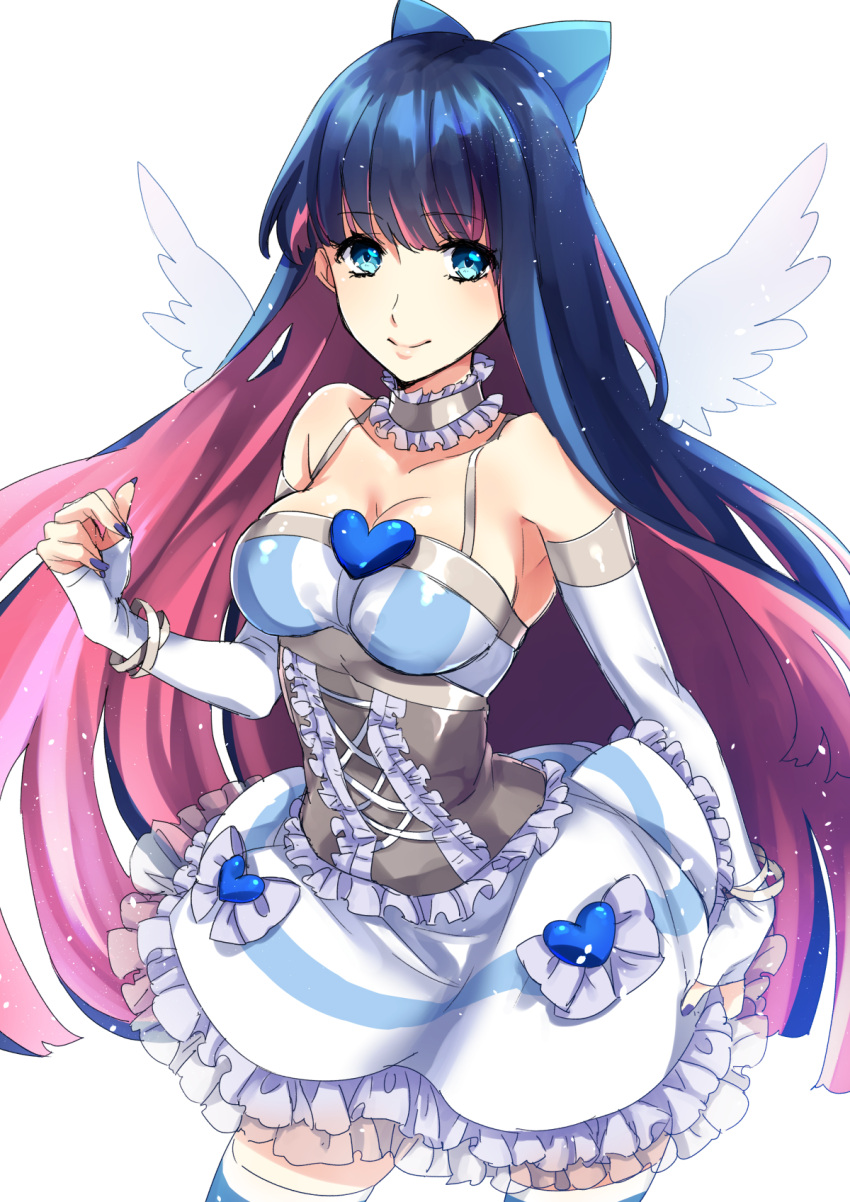 1girl bare_shoulders blue_bow blue_eyes blue_hair blue_nails bow breasts choker corset dress elbow_gloves fingerless_gloves frilled_choker frills gloves hair_bow heart highres large_breasts long_hair looking_at_viewer mini_wings multicolored_hair nail_polish panty_&amp;_stocking_with_garterbelt pink_hair ribbon simple_background single_thighhigh sleeveless sleeveless_dress smile solo stocking_(psg) striped striped_legwear thigh-highs two-tone_hair westxost_(68monkey) white_background