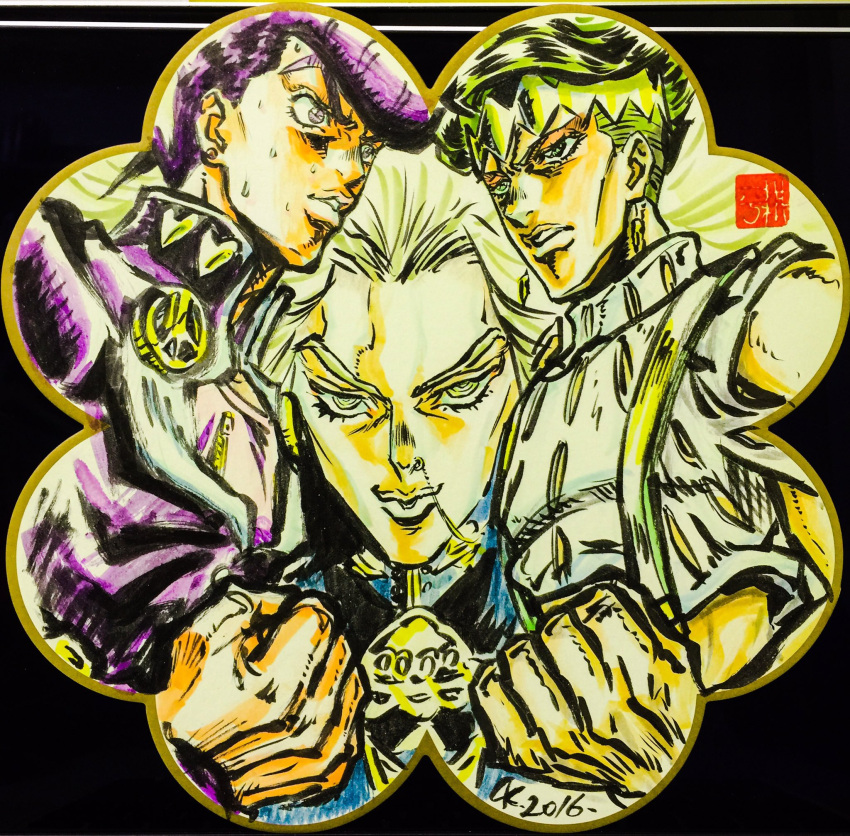 3boys ashiya_kouhei blonde_hair clenched_hand earrings gakuran green_eyes green_hair hazekura_mikitaka headband heart higashikata_jousuke highres jewelry jojo_no_kimyou_na_bouken kishibe_rohan long_hair male_focus marker_(medium) multiple_boys nose_ring peace_symbol pompadour purple_hair school_uniform signature stud_earrings suspenders sweat traditional_media violet_eyes yellow_eyes zipper