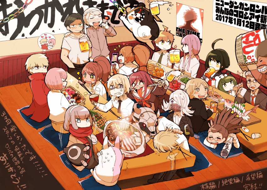 +_+ 6+boys 6+girls afro ahoge alcohol andou_ruruka android asahina_aoi bandai_daisaku barrel bear beard beer beer_mug black_hair blonde_hair blue_hair brown_hair cellphone chopsticks closed_eyes coat controller cow_mask cup dangan_ronpa dangan_ronpa_3 doughnut drinking drinking_glass drunk facial_hair food formal fukawa_touko gekkougahara_miaya genocider_shou glasses great_gozu green_eyes green_hair hagakure_yasuhiro hairband hairlocs highres hood hotpot idate_(horrygreen) izayoi_sounosuke kimura_seiko kirigiri_kyouko kizakura_kouichi lavender_hair long_hair long_tongue microphone mitarai_ryouta monaka_(dangan_ronpa) monokuma monomi_(dangan_ronpa) multiple_boys multiple_girls munakata_kyousuke music naegi_komaru naegi_makoto necktie necktie_on_head phone pink_hair ponytail poster purple_hair rabbit remote_control sakakura_juuzou scarf scarf_over_mouth scissors short_hair silver_hair singing sitting smartphone smile sparkle spoilers suit sukiyaki surgical_mask surprised sweat table tengan_kazuo toast_(gesture) togami_byakuya tongue tongue_out wine_glass wrestling_mask yukizome_chisa